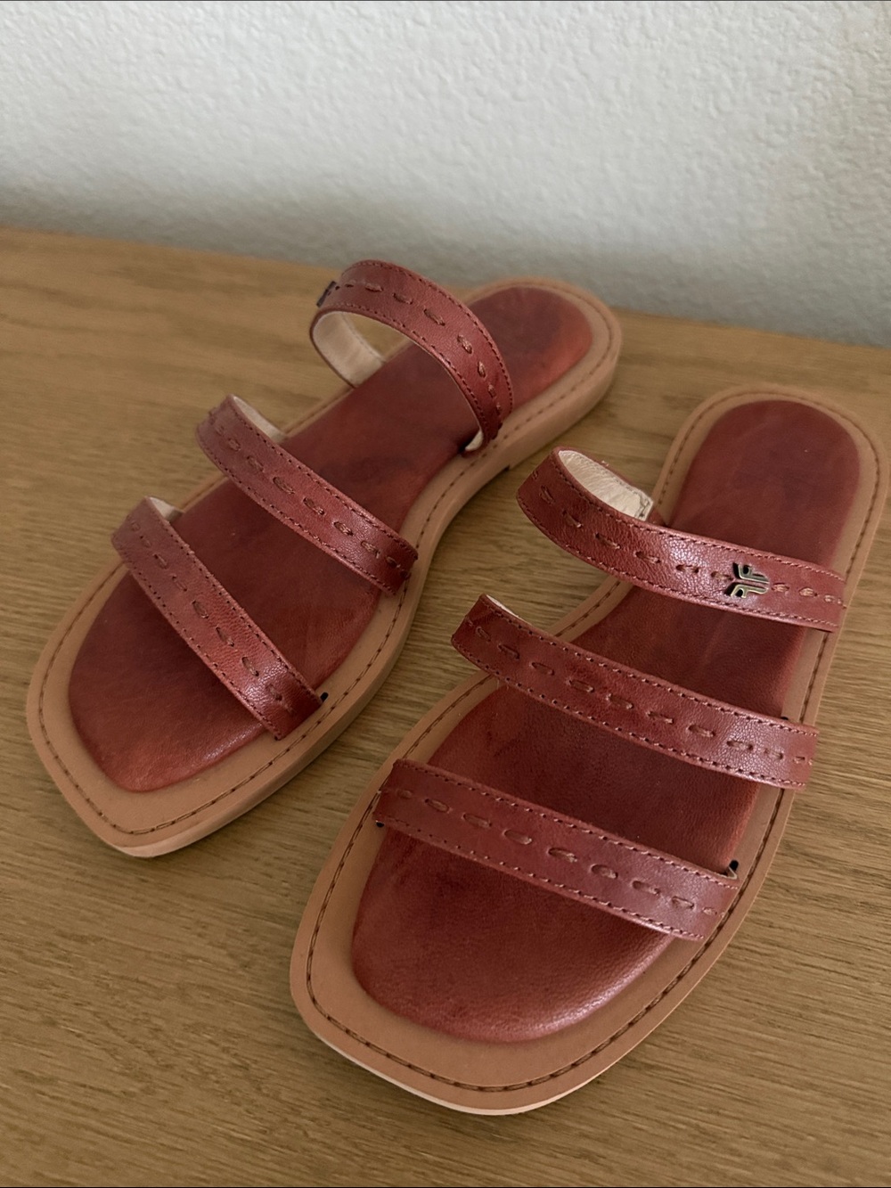 Frye Rust Leather Triple-Strap Slide Sandals